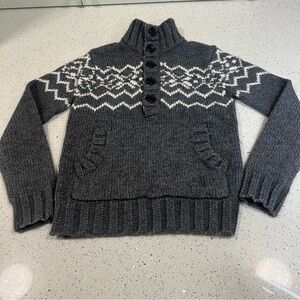 MATINIQUE Gray White Chunky Cable Knit Sweater Button Front Hoodie Pocket L